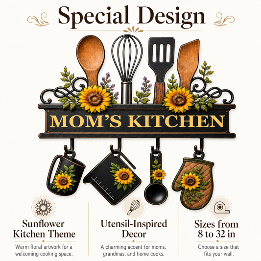 Personalized Mom’s Kitchen Metal Sign, Custom Kitchen Wall Decor, Sunflower Utensil Sign, Mother’s Day Gift with LED — Main 02