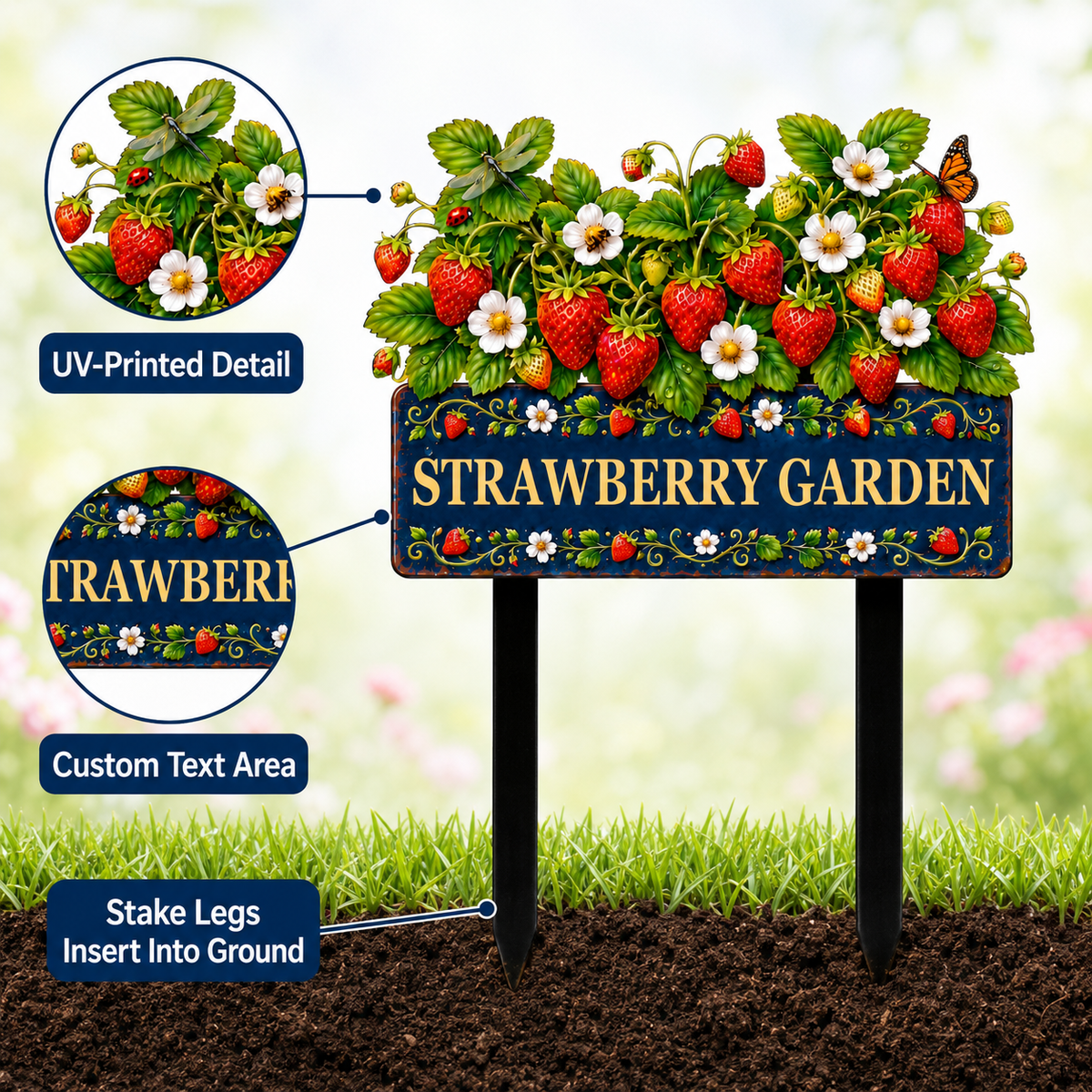 Personalized Strawberry Garden Stake Sign, Custom Metal Yard Decor, Berry Garden Sign, Spring Garden Gift for Gardeners — Main 02
