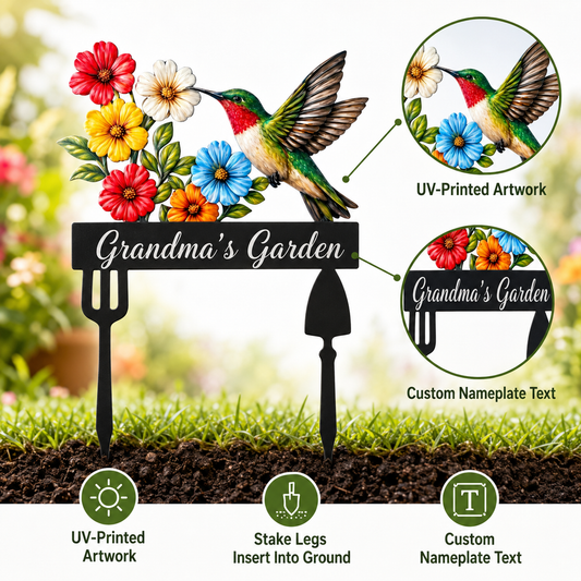 Hummingbird Welcome Garden Stake Floral Garden Sign Colorful Flower Yard Decor Bird Lover Gift — Main 02