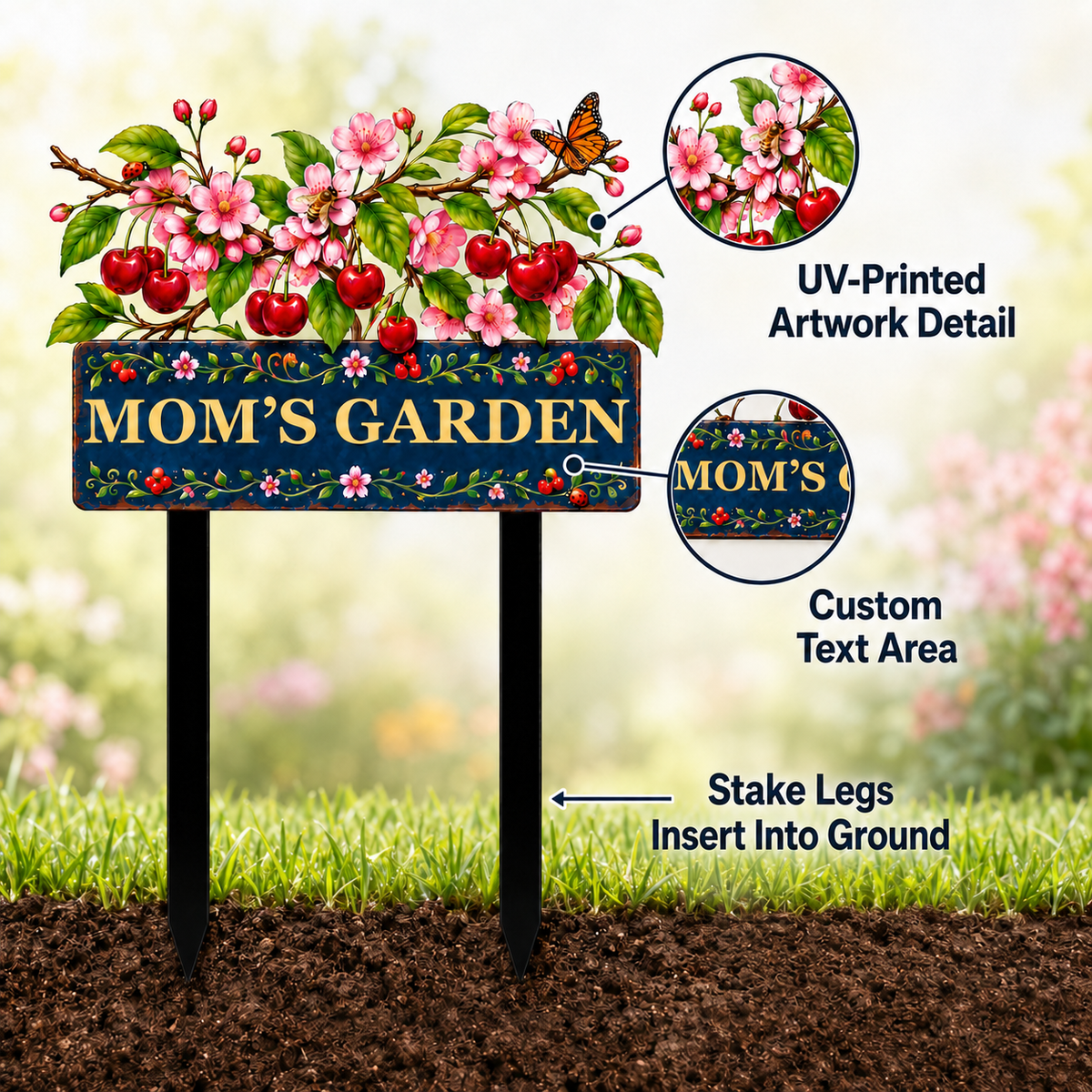 Personalized Cherry Garden Stake, Mom's Garden Metal Yard Sign, Cherry Blossom Yard Decor, Custom Outdoor Garden Gift — Main 02