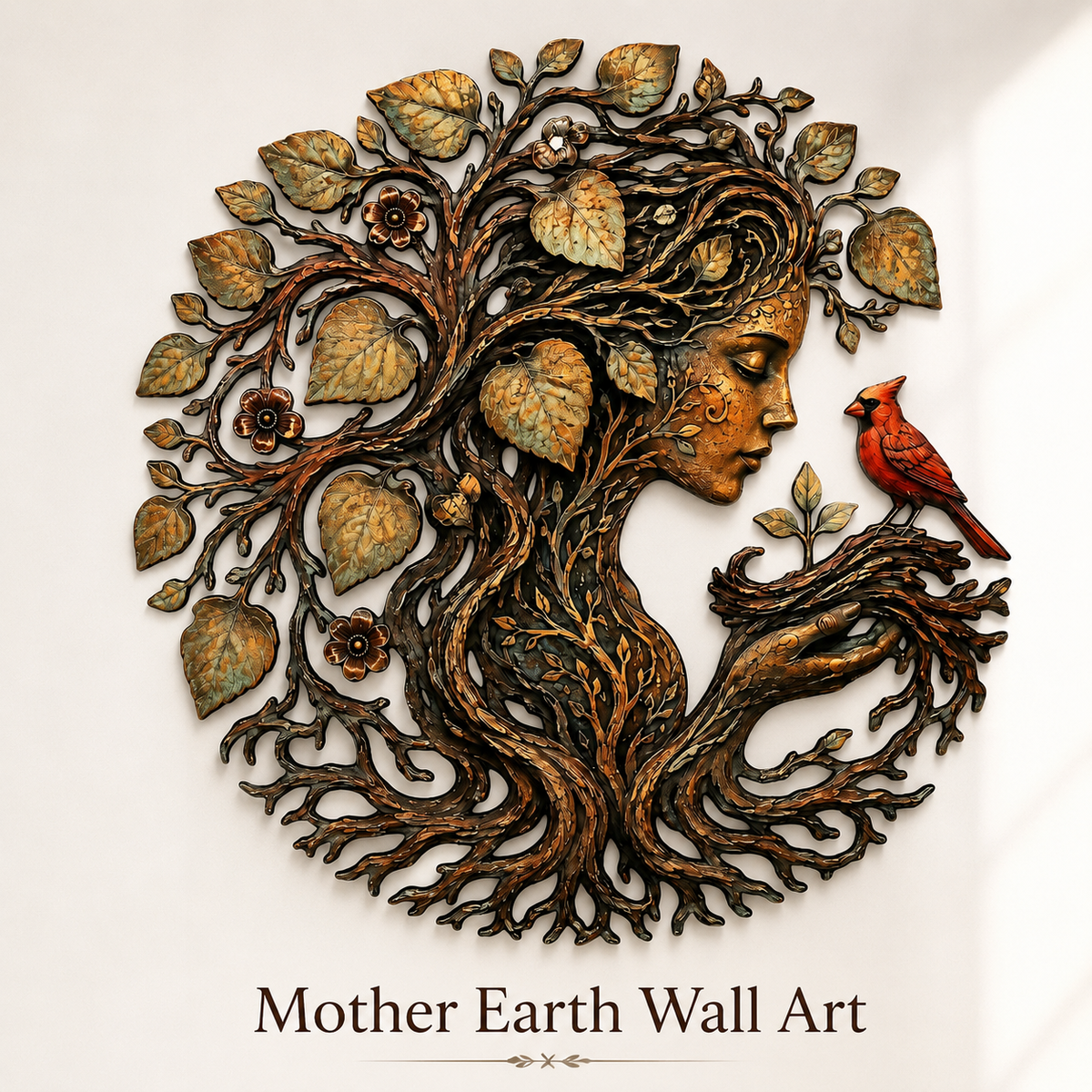 Mother Earth Metal Wall Art, Tree of Life Goddess Decor, Cardinal Bird Botanical Wall Decor, Nature Lover Gift, With or Without LED — Main 03