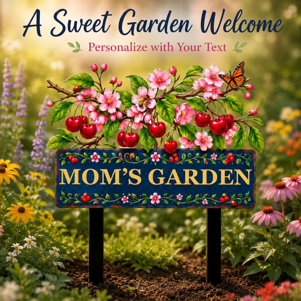 Personalized Cherry Garden Stake, Mom's Garden Metal Yard Sign, Cherry Blossom Yard Decor, Custom Outdoor Garden Gift — Main 03