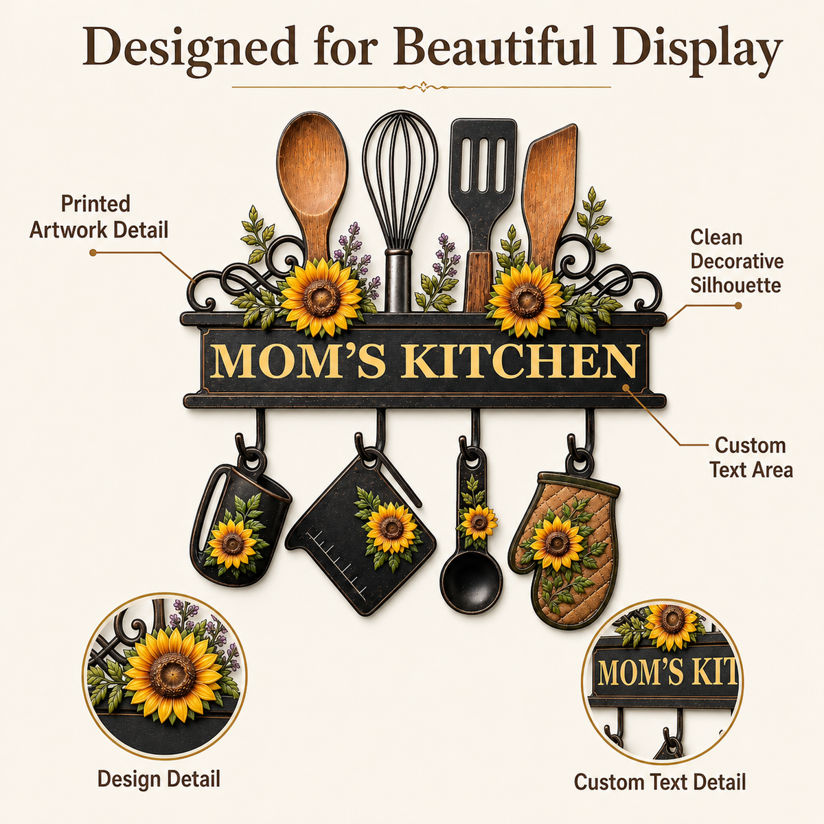 Personalized Mom’s Kitchen Metal Sign, Custom Kitchen Wall Decor, Sunflower Utensil Sign, Mother’s Day Gift with LED — Main 03