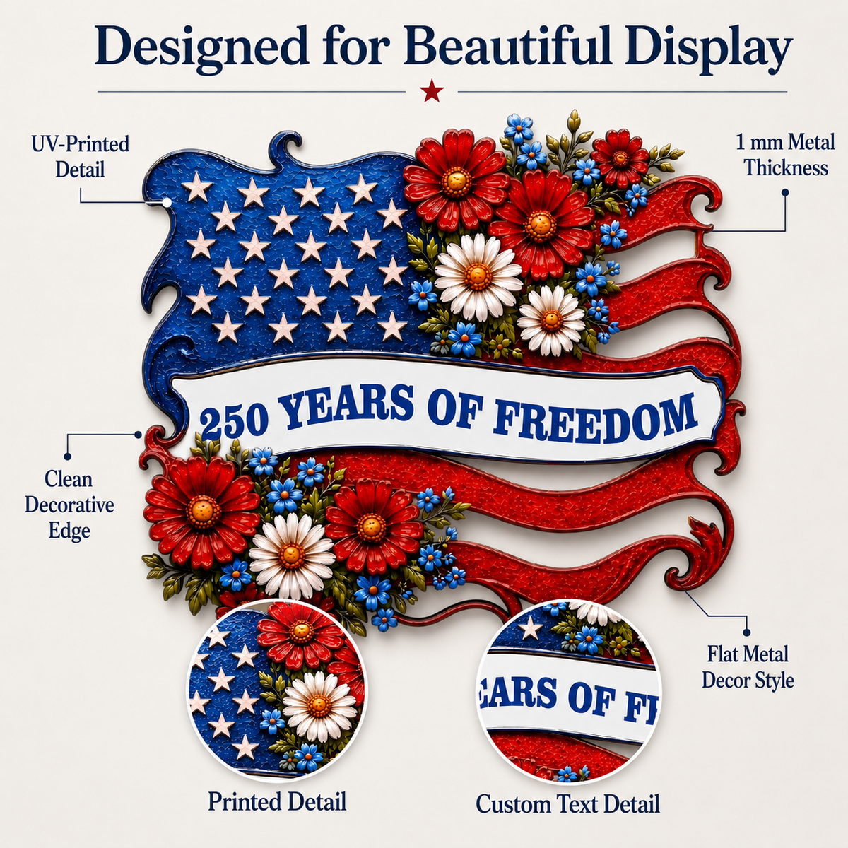 Metal American Flag Sign, Personalized Patriotic Wall Decor, Custom 250 Years of Freedom Gift, Optional LED — Main 03