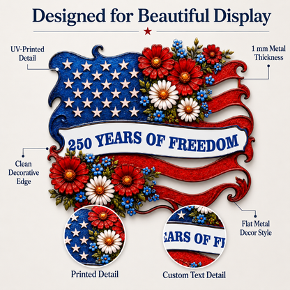 Metal American Flag Sign, Personalized Patriotic Wall Decor, Custom 250 Years of Freedom Gift, Optional LED — Main 03