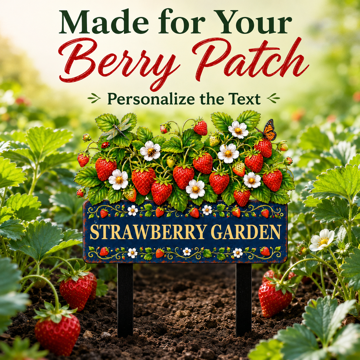 Personalized Strawberry Garden Stake Sign, Custom Metal Yard Decor, Berry Garden Sign, Spring Garden Gift for Gardeners — Main 03