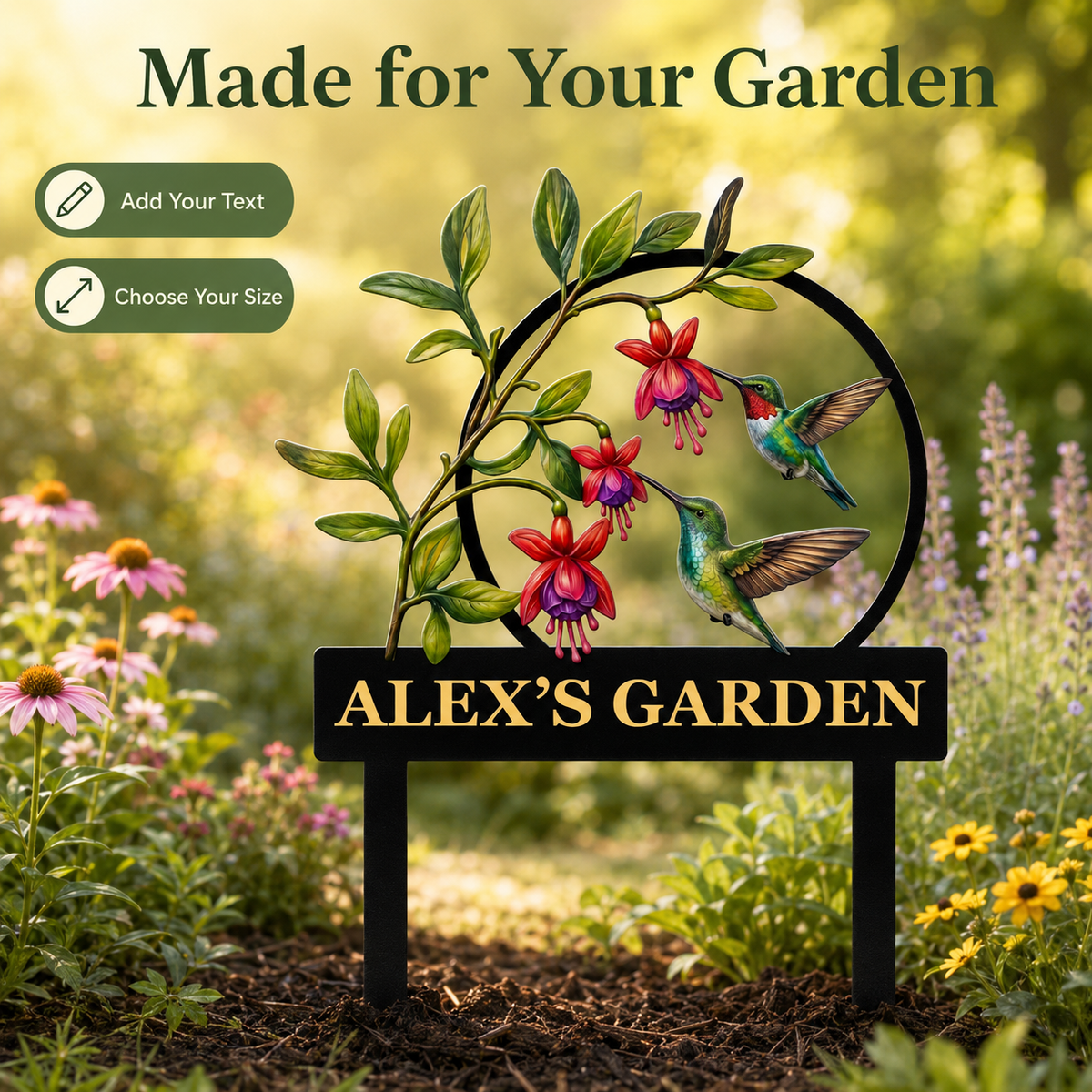 Personalized Hummingbird Garden Stake Fuchsia Flower Garden Decor Custom Garden Name Sign Bird Lover Gift — Main 03
