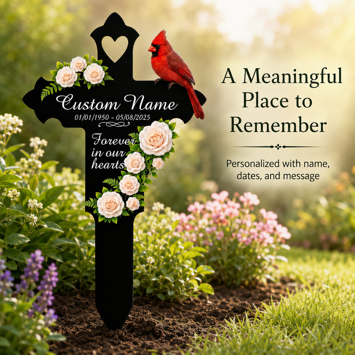 Memorial Gift Garden Stake, Personalized Cardinal Cross Metal Yard Sign, Sympathy Gift for Loss of Mom Dad Grandma, Custom Name Date — Main 03