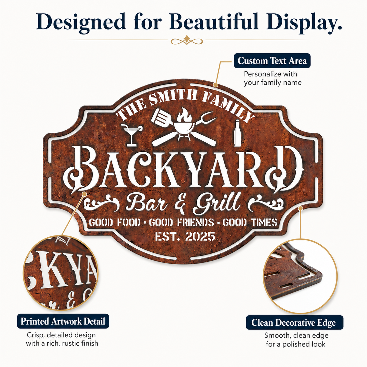 Personalized Backyard Bar & Grill Metal Sign, Custom Family Name Wall Decor, Rustic Patio BBQ Sign with Optional LED — Main 03
