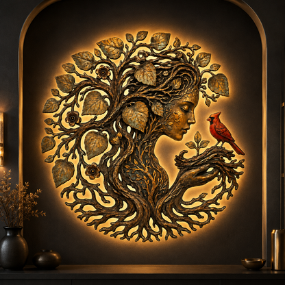 Mother Earth Metal Wall Art, Tree of Life Goddess Decor, Cardinal Bird Botanical Wall Decor, Nature Lover Gift, With or Without LED — Main 03 led