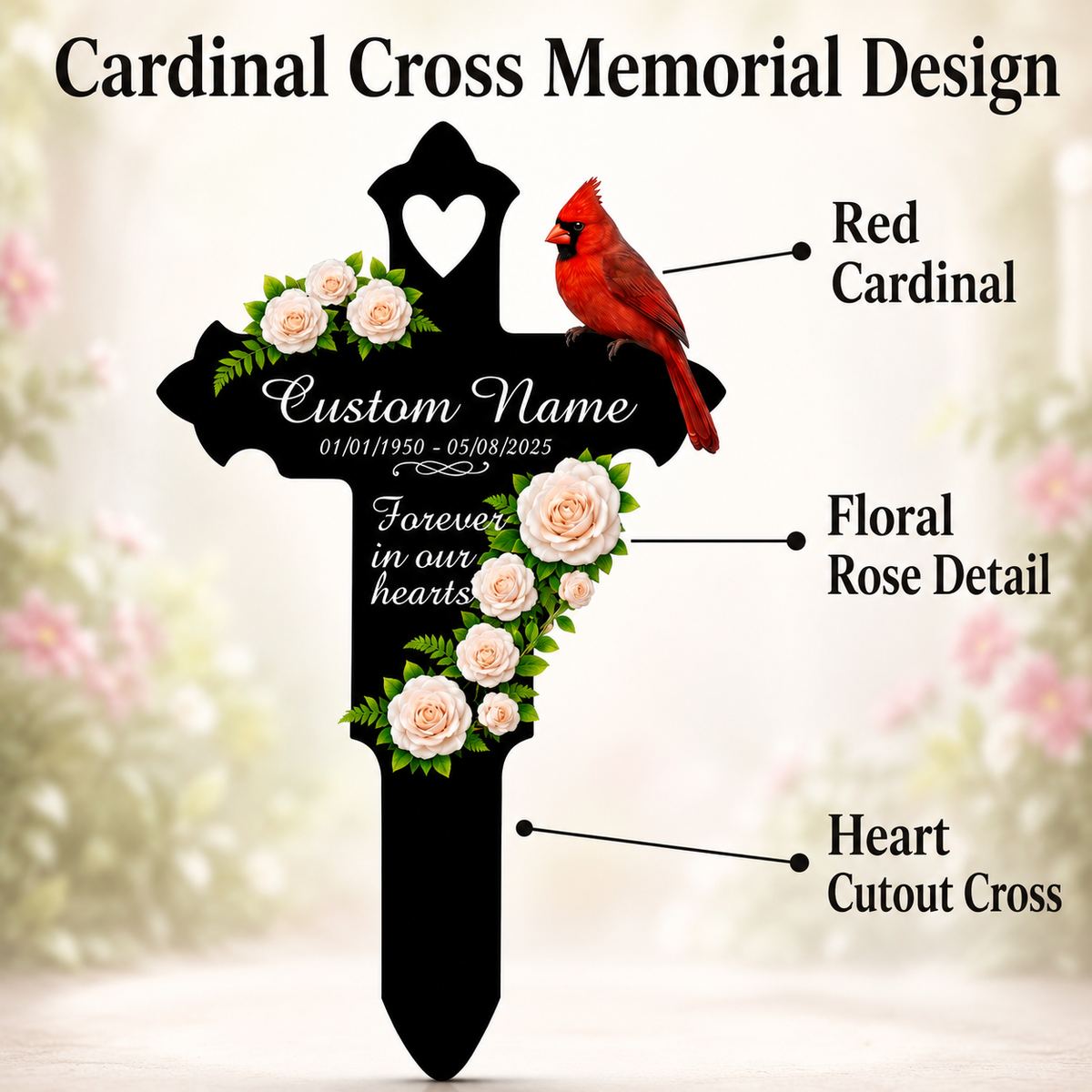 Memorial Gift Garden Stake, Personalized Cardinal Cross Metal Yard Sign, Sympathy Gift for Loss of Mom Dad Grandma, Custom Name Date — Main 04