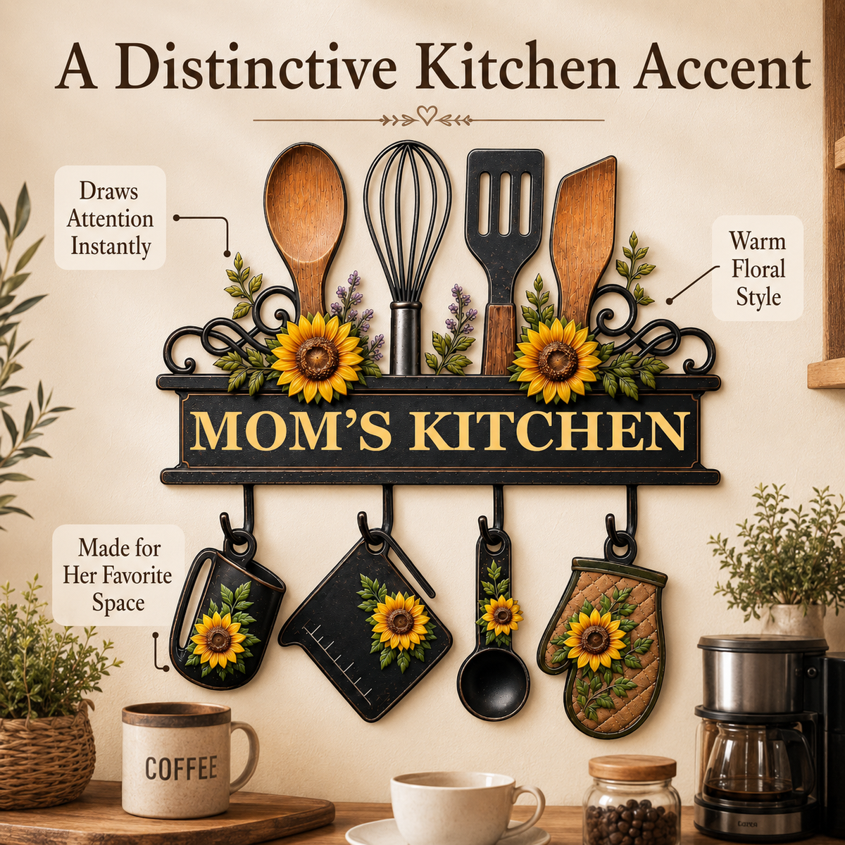 Personalized Mom’s Kitchen Metal Sign, Custom Kitchen Wall Decor, Sunflower Utensil Sign, Mother’s Day Gift with LED — Main 04