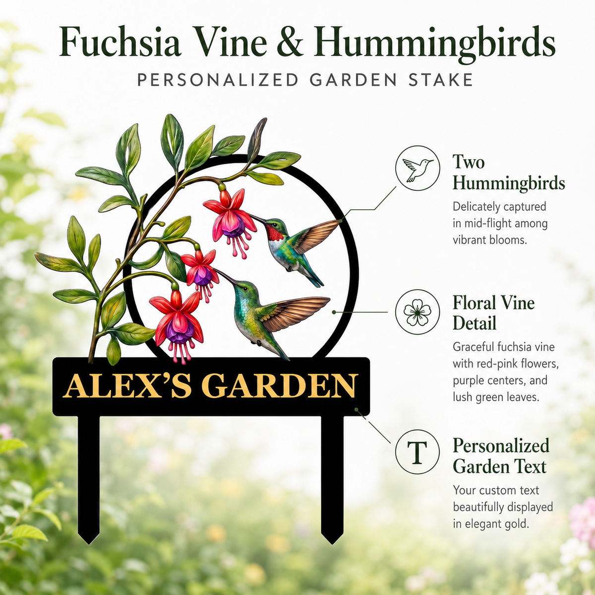 Personalized Hummingbird Garden Stake Fuchsia Flower Garden Decor Custom Garden Name Sign Bird Lover Gift — Main 04