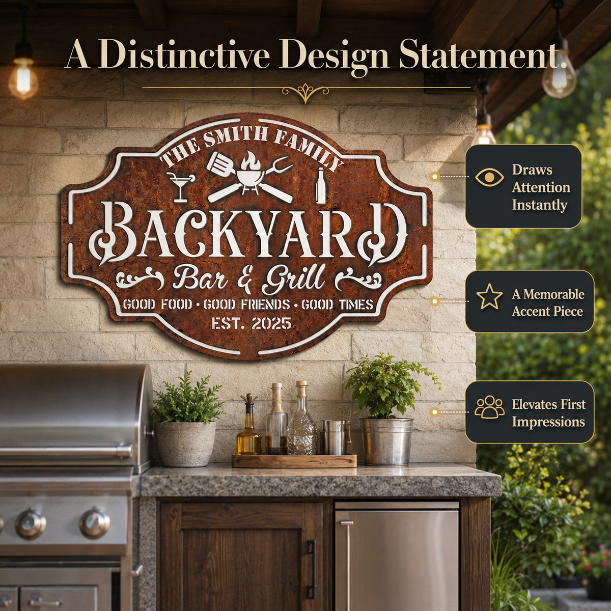 Personalized Backyard Bar & Grill Metal Sign, Custom Family Name Wall Decor, Rustic Patio BBQ Sign with Optional LED — Main 04