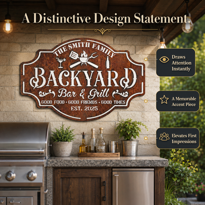 Personalized Backyard Bar & Grill Metal Sign, Custom Family Name Wall Decor, Rustic Patio BBQ Sign with Optional LED — Main 04