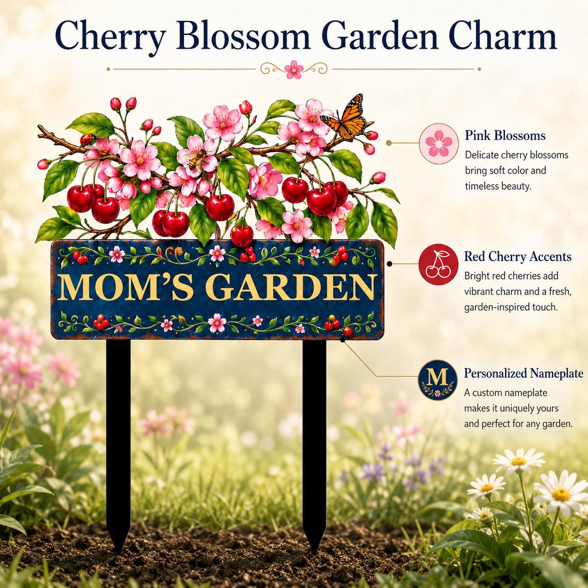 Personalized Cherry Garden Stake, Mom's Garden Metal Yard Sign, Cherry Blossom Yard Decor, Custom Outdoor Garden Gift — Main 04