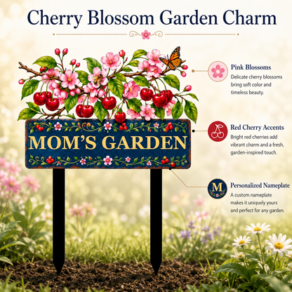 Personalized Cherry Garden Stake, Mom's Garden Metal Yard Sign, Cherry Blossom Yard Decor, Custom Outdoor Garden Gift — Main 04