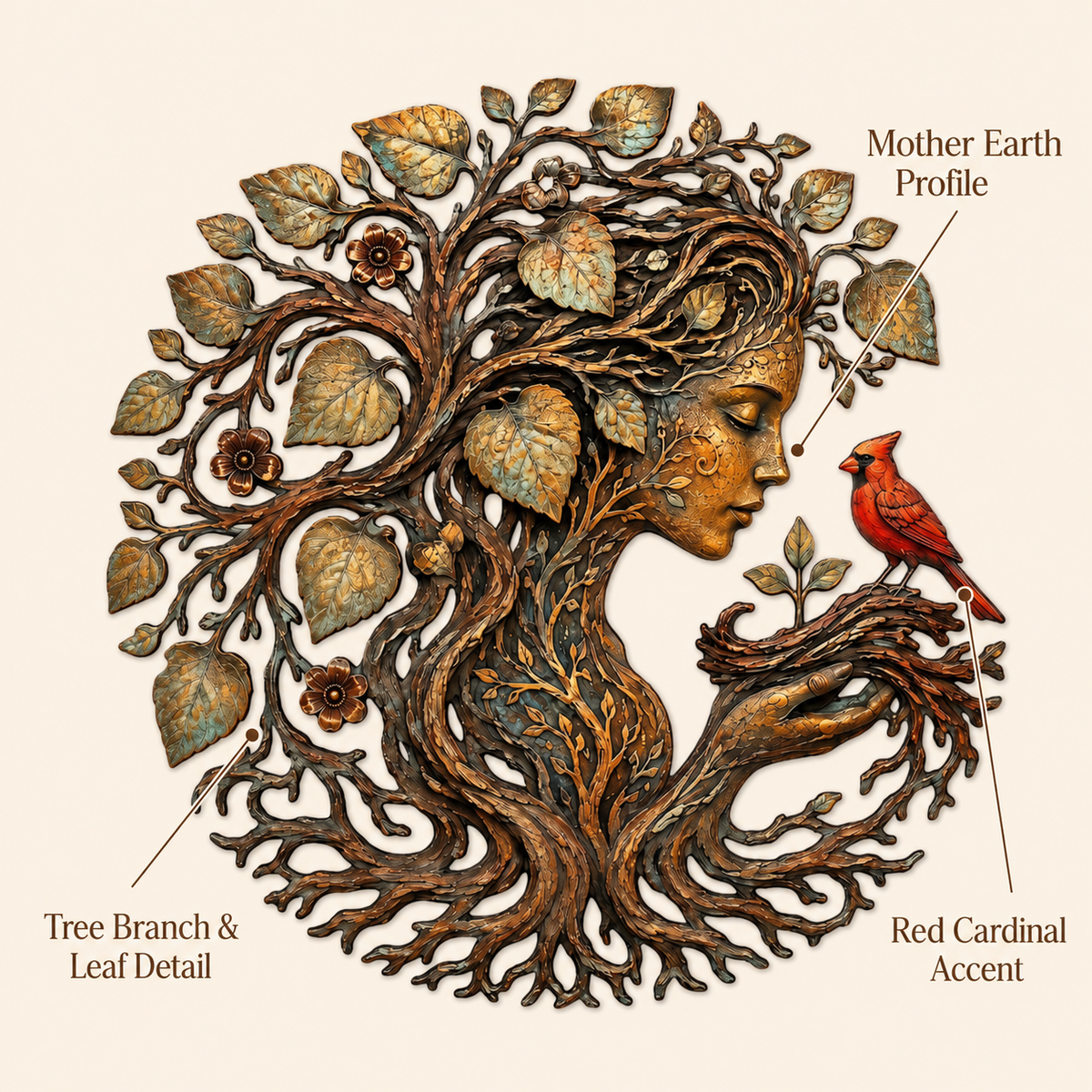 Mother Earth Metal Wall Art, Tree of Life Goddess Decor, Cardinal Bird Botanical Wall Decor, Nature Lover Gift, With or Without LED — Main 04