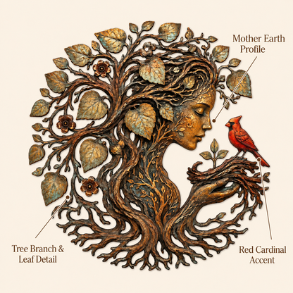 Mother Earth Metal Wall Art, Tree of Life Goddess Decor, Cardinal Bird Botanical Wall Decor, Nature Lover Gift, With or Without LED — Main 04