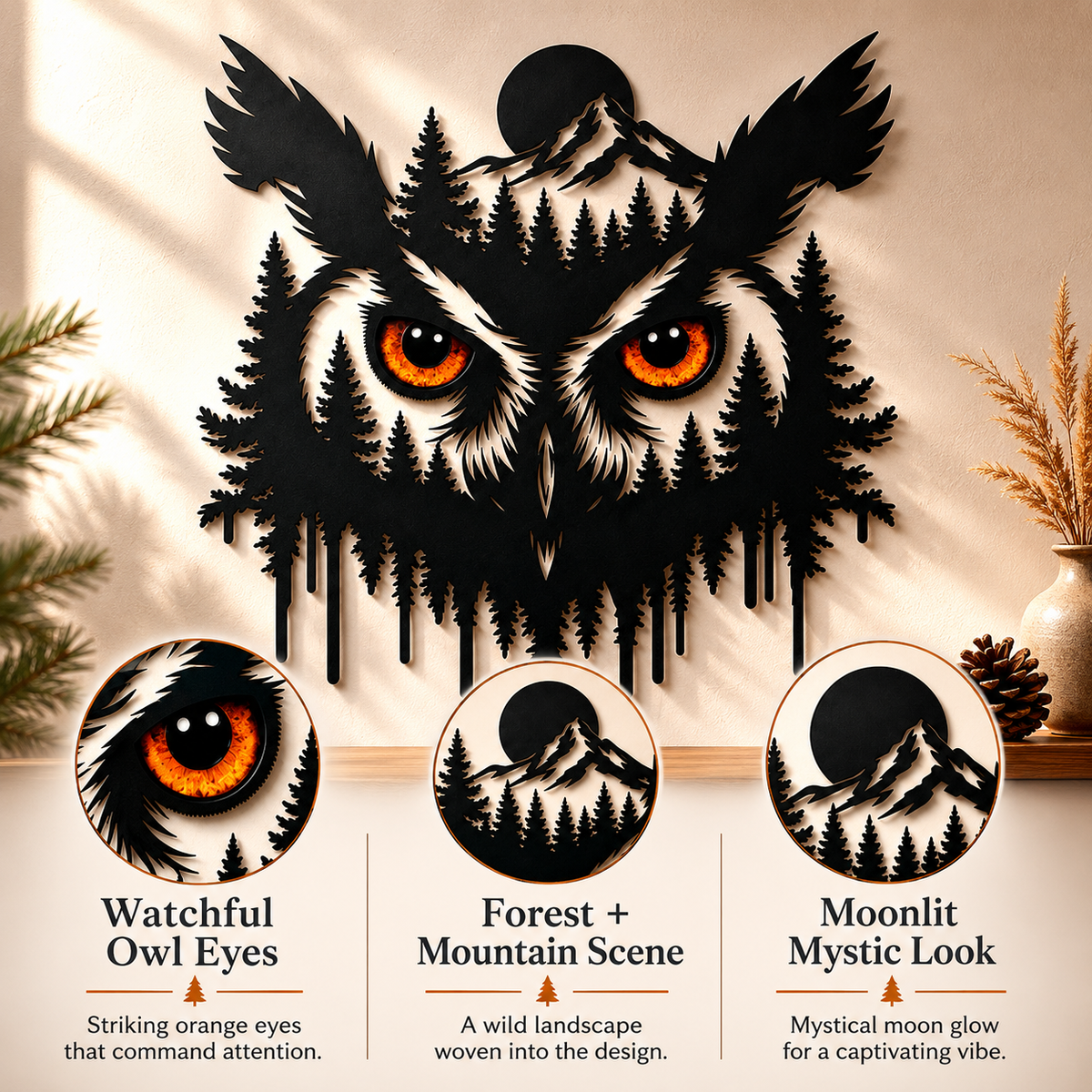 Main_04 - Owl Metal Wall Art Glowing Owl Eyes Wildlife Art Woodland