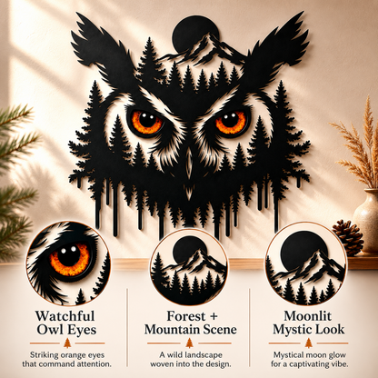 Main_04 - Owl Metal Wall Art Glowing Owl Eyes Wildlife Art Woodland