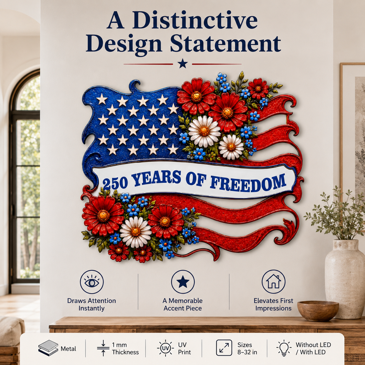 Metal American Flag Sign, Personalized Patriotic Wall Decor, Custom 250 Years of Freedom Gift, Optional LED — Main 04