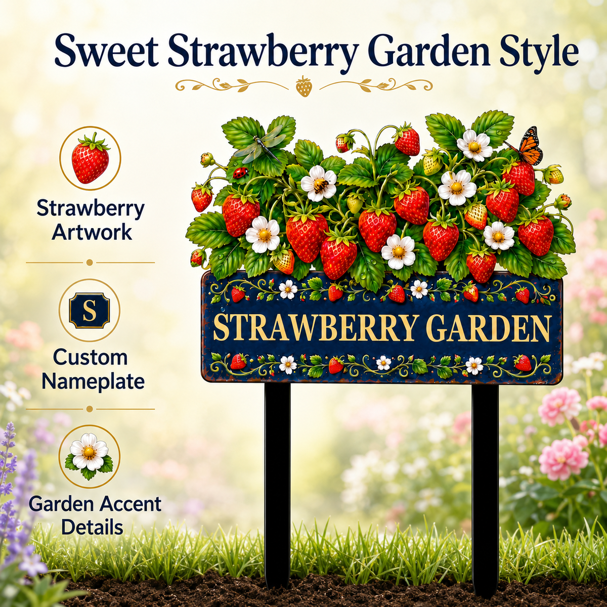 Personalized Strawberry Garden Stake Sign, Custom Metal Yard Decor, Berry Garden Sign, Spring Garden Gift for Gardeners — Main 04