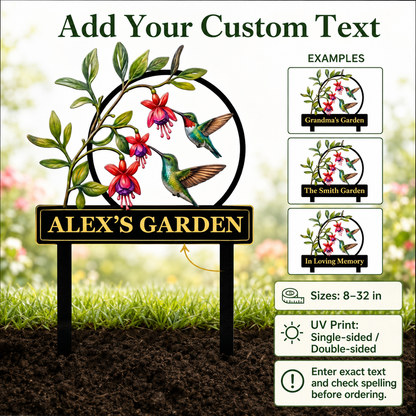 Personalized Hummingbird Garden Stake Fuchsia Flower Garden Decor Custom Garden Name Sign Bird Lover Gift — Main 05