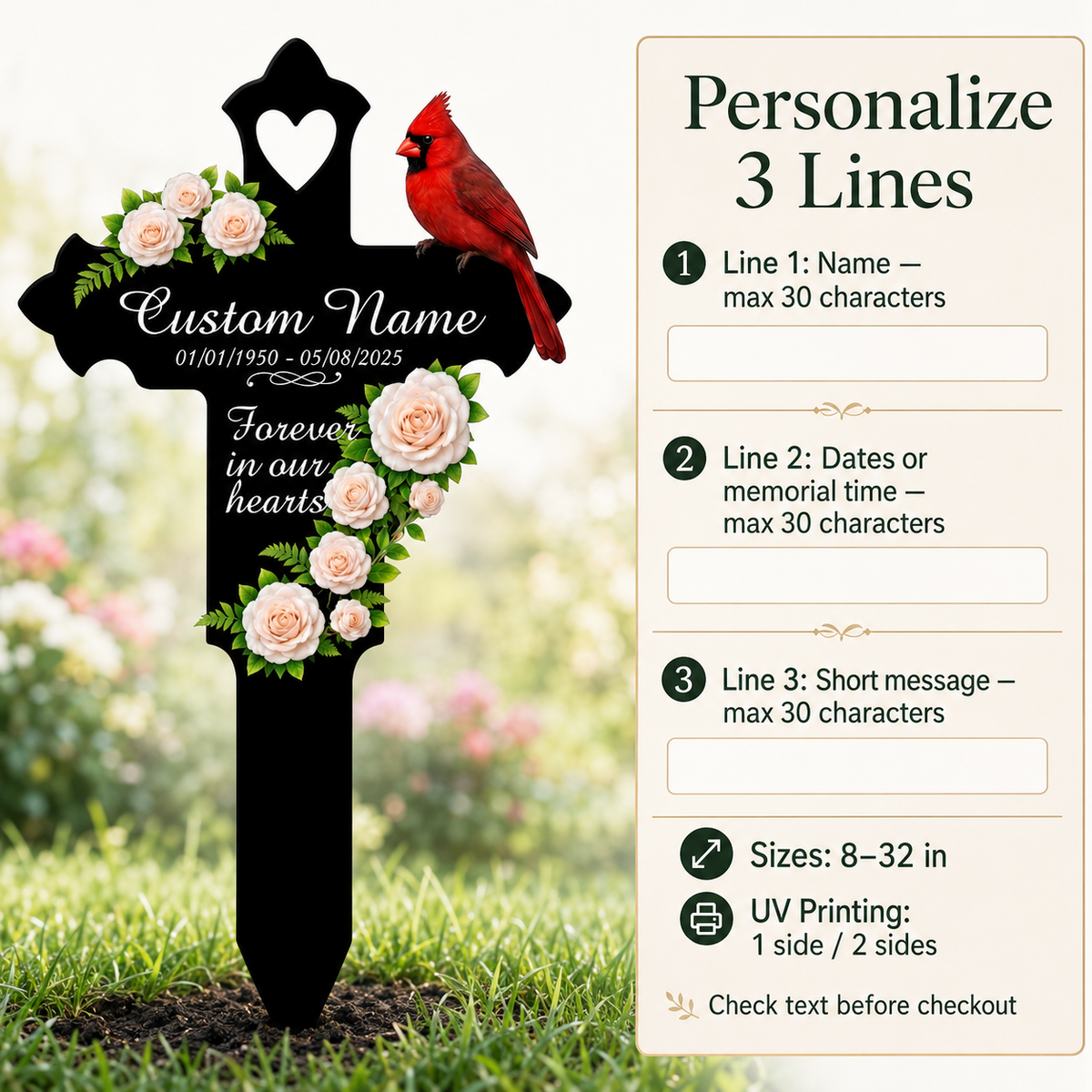 Memorial Gift Garden Stake, Personalized Cardinal Cross Metal Yard Sign, Sympathy Gift for Loss of Mom Dad Grandma, Custom Name Date — Main 05