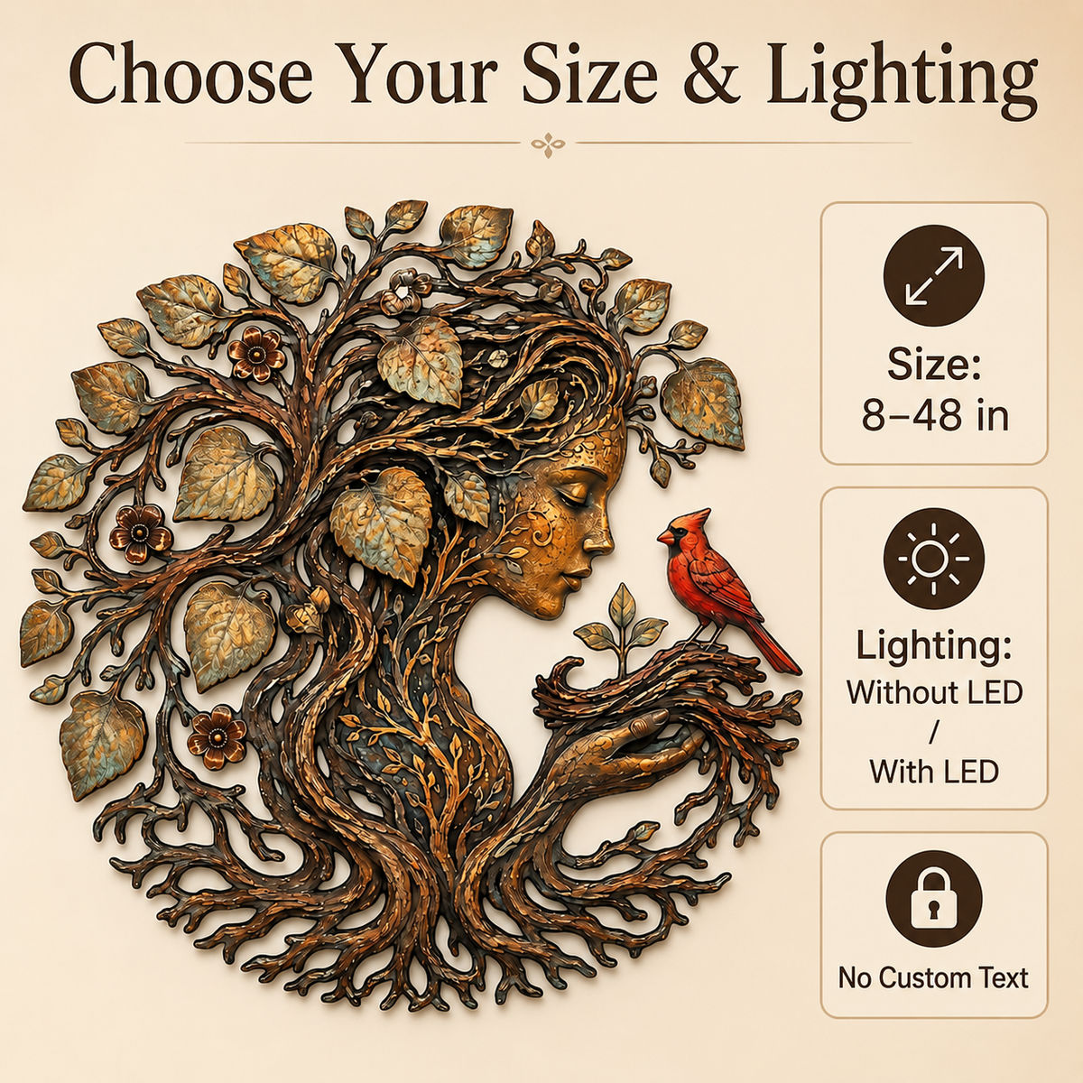 Mother Earth Metal Wall Art, Tree of Life Goddess Decor, Cardinal Bird Botanical Wall Decor, Nature Lover Gift, With or Without LED — Main 05