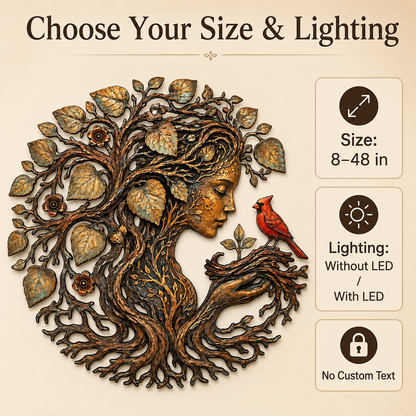 Mother Earth Metal Wall Art, Tree of Life Goddess Decor, Cardinal Bird Botanical Wall Decor, Nature Lover Gift, With or Without LED — Main 05