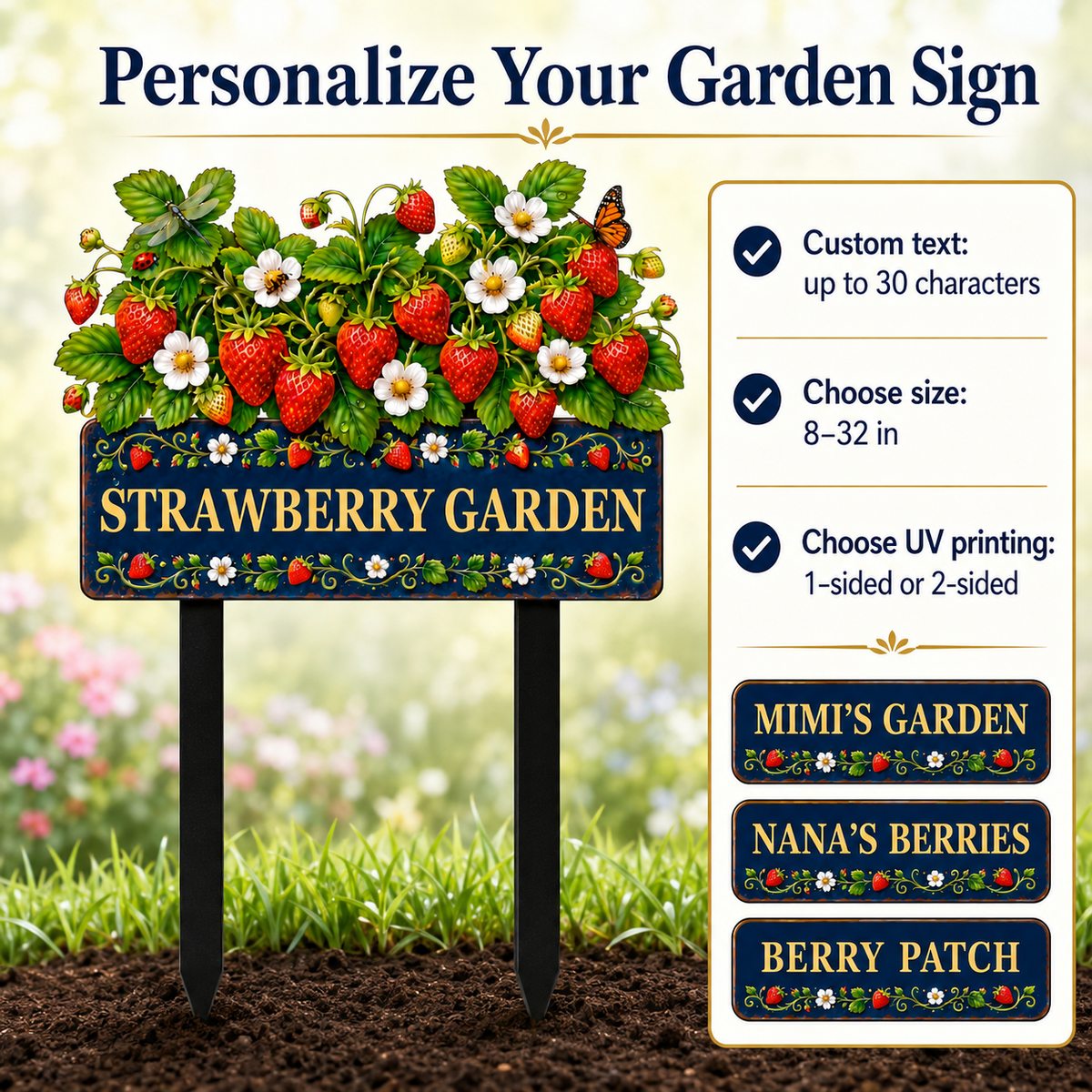 Personalized Strawberry Garden Stake Sign, Custom Metal Yard Decor, Berry Garden Sign, Spring Garden Gift for Gardeners — Main 05