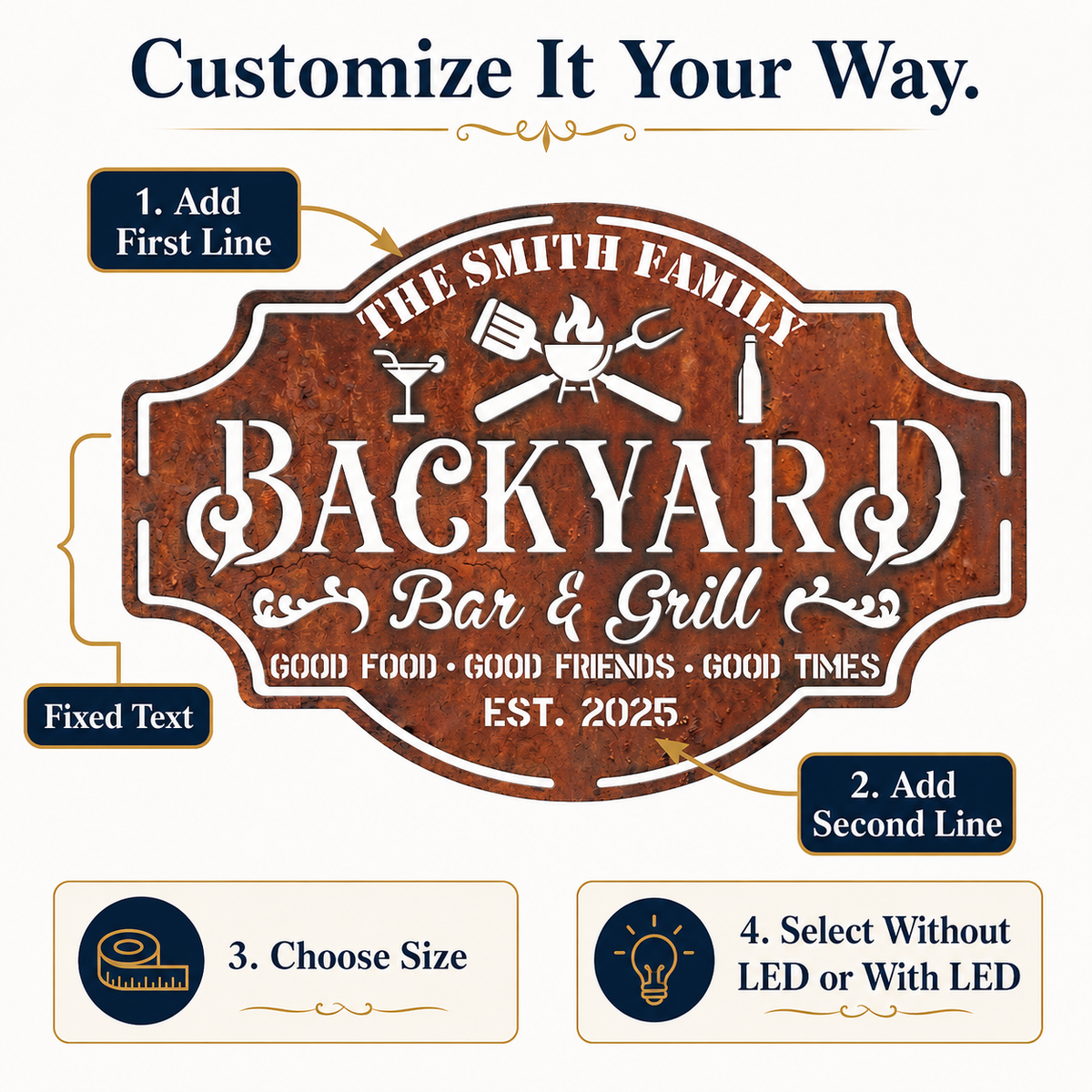 Personalized Backyard Bar & Grill Metal Sign, Custom Family Name Wall Decor, Rustic Patio BBQ Sign with Optional LED — Main 05