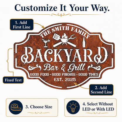 Personalized Backyard Bar & Grill Metal Sign, Custom Family Name Wall Decor, Rustic Patio BBQ Sign with Optional LED — Main 05