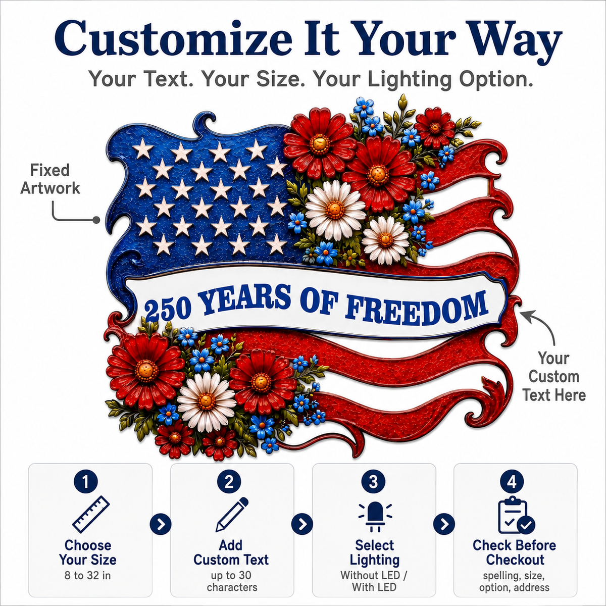 Metal American Flag Sign, Personalized Patriotic Wall Decor, Custom 250 Years of Freedom Gift, Optional LED — Main 05