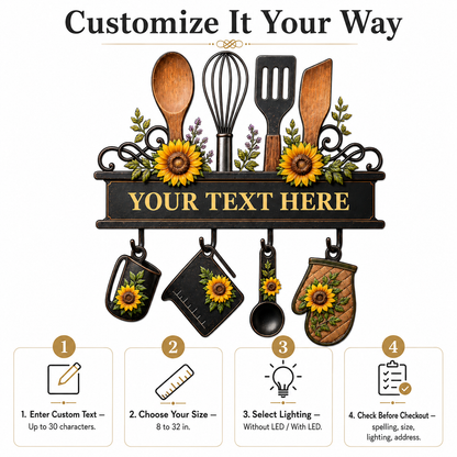 Personalized Mom’s Kitchen Metal Sign, Custom Kitchen Wall Decor, Sunflower Utensil Sign, Mother’s Day Gift with LED — Main 05
