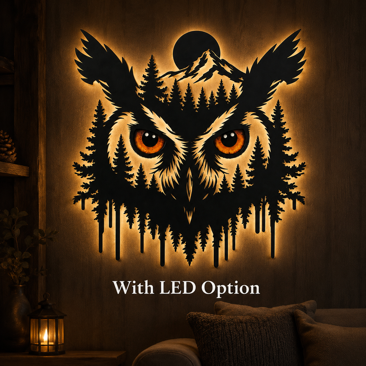 Main_05 - Owl Metal Wall Art Glowing Owl Eyes Wildlife Art Woodland
