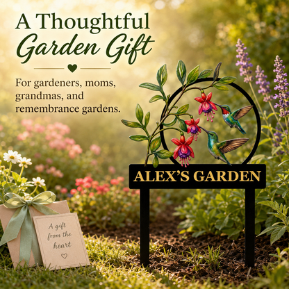 Personalized Hummingbird Garden Stake Fuchsia Flower Garden Decor Custom Garden Name Sign Bird Lover Gift — Main 06