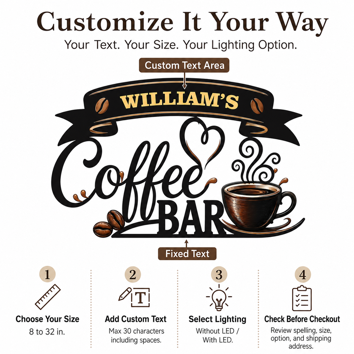 Coffee Metal Wall Art Decor Personalized Coffee Bar Sign Coffee Wall Art Kitchen Wall Decor Coffee Lover Gift Housewarming Gift With LED — Main 06