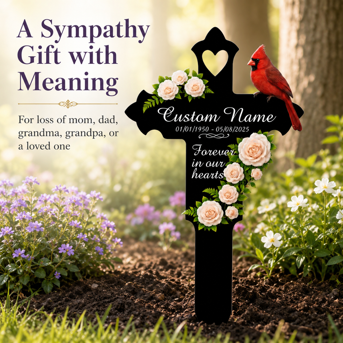 Memorial Gift Garden Stake, Personalized Cardinal Cross Metal Yard Sign, Sympathy Gift for Loss of Mom Dad Grandma, Custom Name Date — Main 06