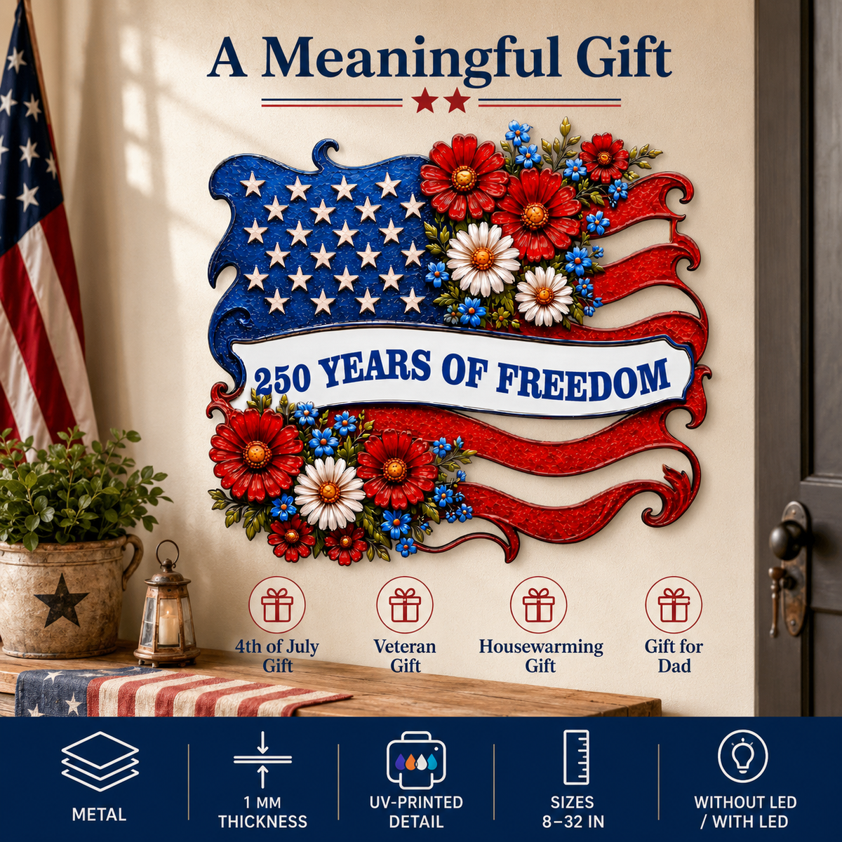 Metal American Flag Sign, Personalized Patriotic Wall Decor, Custom 250 Years of Freedom Gift, Optional LED — Main 06