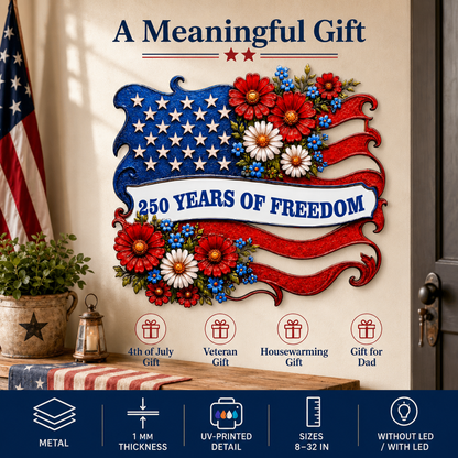 Metal American Flag Sign, Personalized Patriotic Wall Decor, Custom 250 Years of Freedom Gift, Optional LED — Main 06