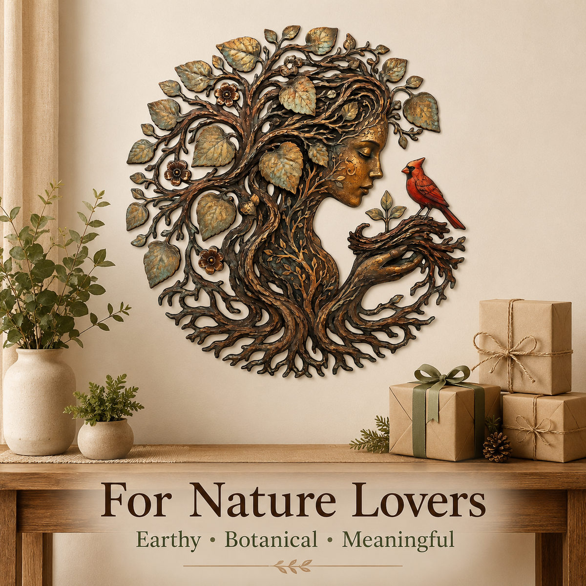 Mother Earth Metal Wall Art, Tree of Life Goddess Decor, Cardinal Bird Botanical Wall Decor, Nature Lover Gift, With or Without LED — Main 06