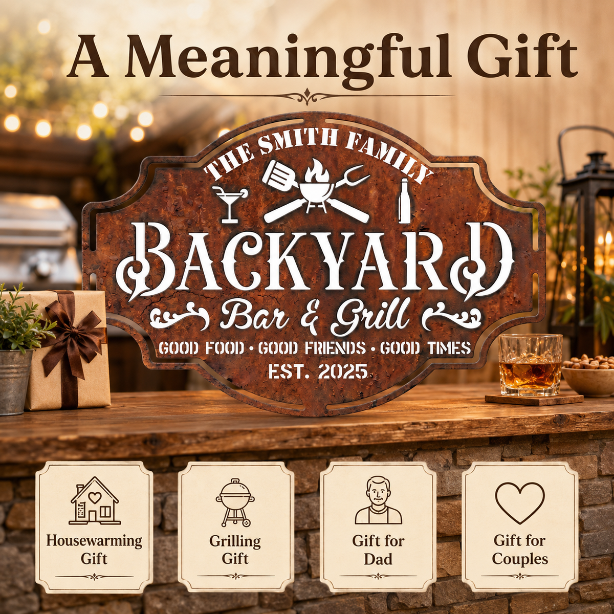 Personalized Backyard Bar & Grill Metal Sign, Custom Family Name Wall Decor, Rustic Patio BBQ Sign with Optional LED — Main 06