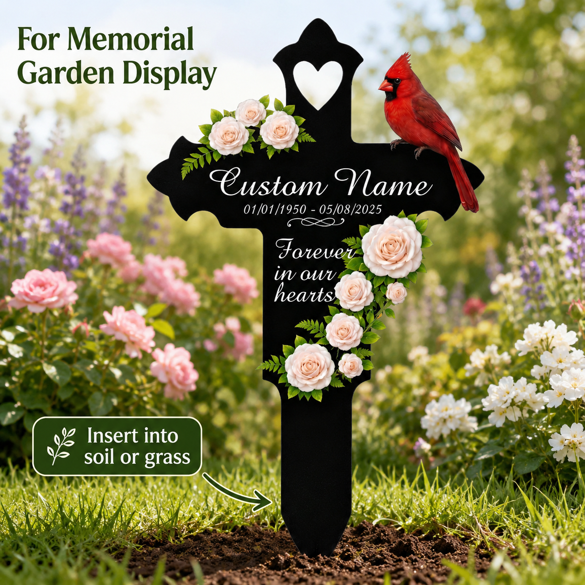 Memorial Gift Garden Stake, Personalized Cardinal Cross Metal Yard Sign, Sympathy Gift for Loss of Mom Dad Grandma, Custom Name Date — Main 07