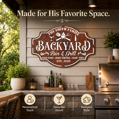 Personalized Backyard Bar & Grill Metal Sign, Custom Family Name Wall Decor, Rustic Patio BBQ Sign with Optional LED — Main 07