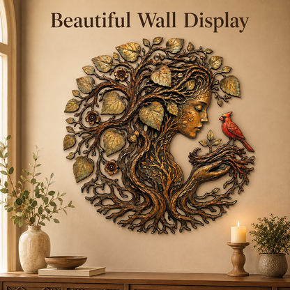 Mother Earth Metal Wall Art, Tree of Life Goddess Decor, Cardinal Bird Botanical Wall Decor, Nature Lover Gift, With or Without LED — Main 07