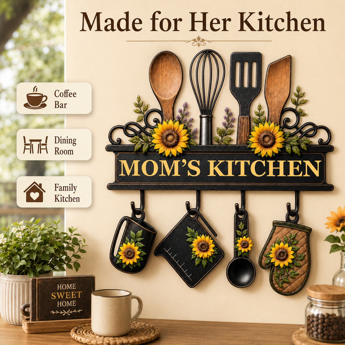 Personalized Mom’s Kitchen Metal Sign, Custom Kitchen Wall Decor, Sunflower Utensil Sign, Mother’s Day Gift with LED — Main 07