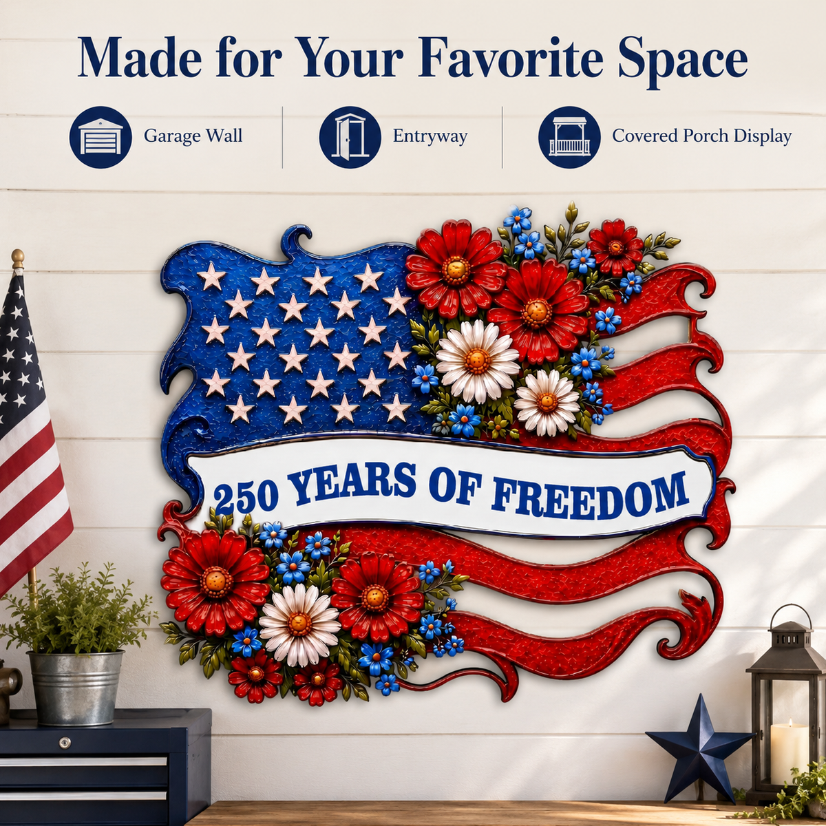 Metal American Flag Sign, Personalized Patriotic Wall Decor, Custom 250 Years of Freedom Gift, Optional LED — Main 07