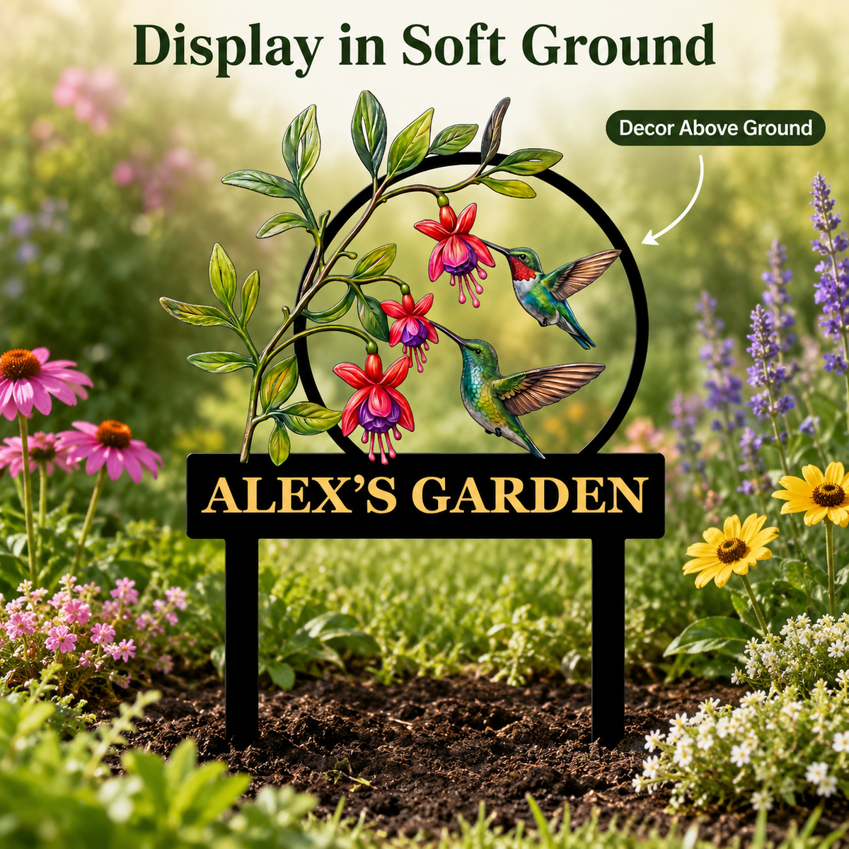 Personalized Hummingbird Garden Stake Fuchsia Flower Garden Decor Custom Garden Name Sign Bird Lover Gift — Main 07
